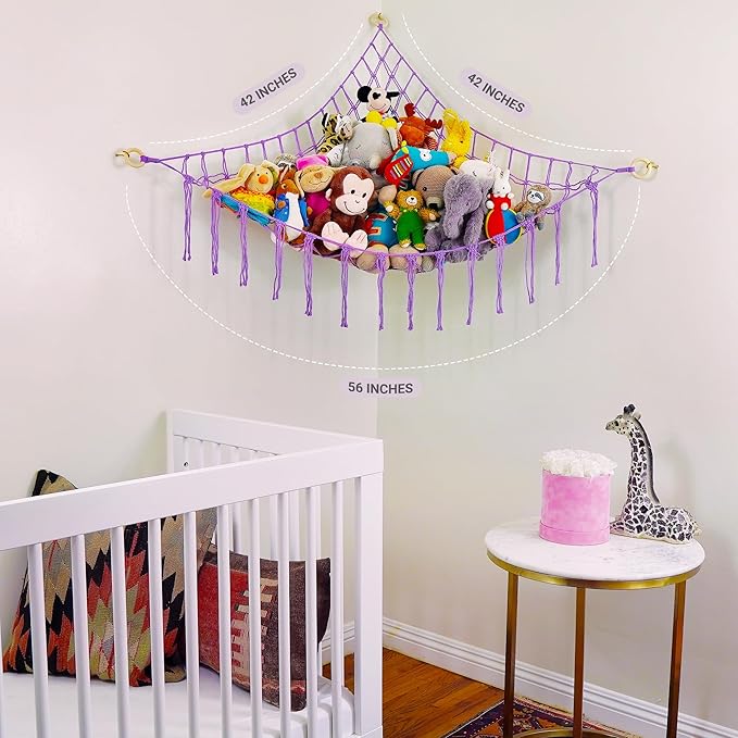 Large Stuffed Animal Hammock Corner - Stuffed Animal Storage - 100% Natural Cotton Macrame Stuffed Animal Net - Stuff Animal Organizer - Net For Stuffed Animals Corner Large - Purple