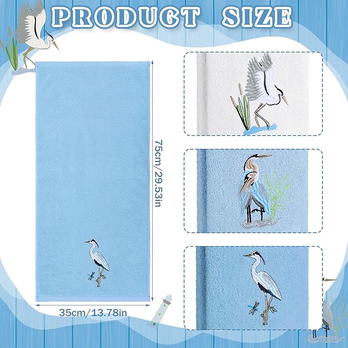 3 Pack Heron Coastal Hand Towels for Bathroom 100% Cotton Embroidered Beach Bathroom Towels 13.78 x 29.53 Inch Soft Absorbent (Blue Series, Heron)