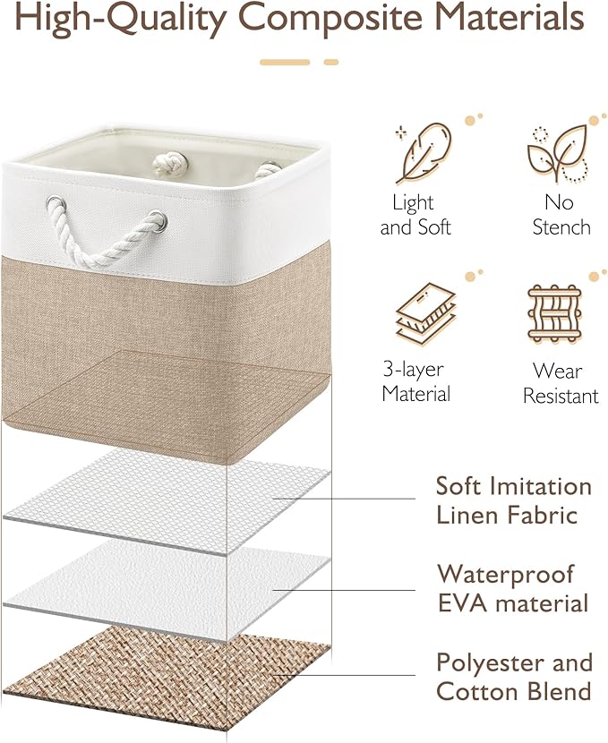 11 Inch Cube Storage Bins, 4 Pack Fabric Storage Cubes with Rope Handles, Organizer Baskets for Closet Shelves, Clothes and Home Organization(White/Khaki)