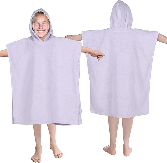 Superior Kids Cotton Terry Poncho, Soft, Absorbent Bath Towel with Hood, Bathroom Accessories, Long, Plush Bathrobes for Bath, Shower, Spa, Resort, Hotel, Beach, Pool, Boy, Girl, Large Size, Lilac