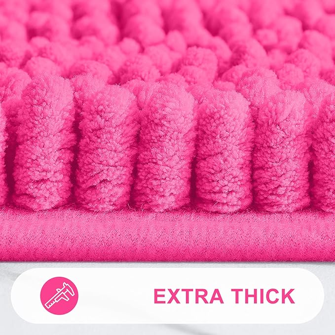 Grandaily Chenille Striped Bathroom Rugs 24x16, Extra Thick and Absorbent Bath Mats, Non-Slip Soft Plush Shaggy Shower Carpet, Machine Wash Dry, Bath Rug for Bathroom, (Small, Deep Pink)