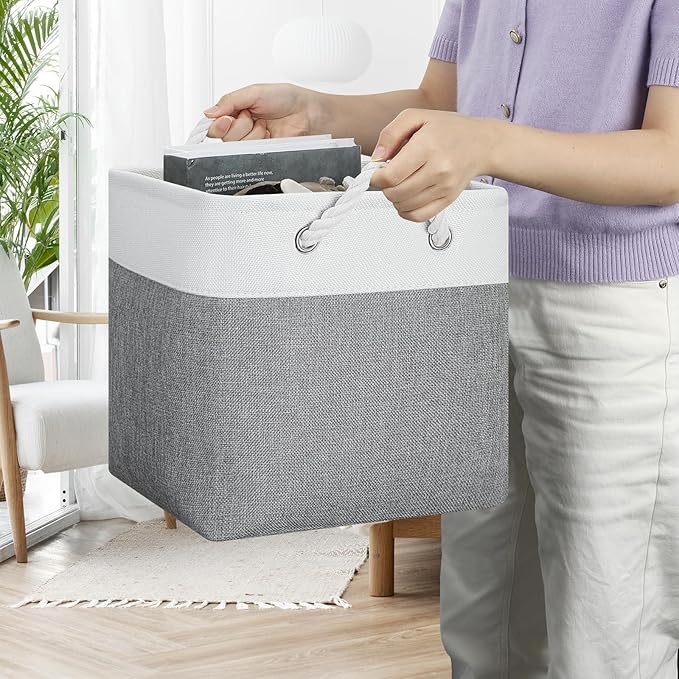 Posprica 11×11×11 Storage Cubes, Collapsible Storage Bins Organizer for Closet, Fabric Storage Box with Cotton Rope Handles, Decorative Storage Baskets for Shelves, Nursery, Toy, set of 6 - White/Gray
