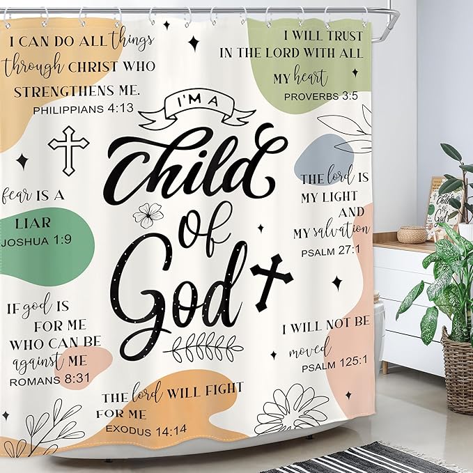 Homewelle Bible Verse Christian Shower Curtain Abstract Boho Inspirational Quotes Mid Century Minimalist Geometric Scripture Plant 72Wx72H Inch Simple Waterproof Polyester Fabric Bathroom Bathtub