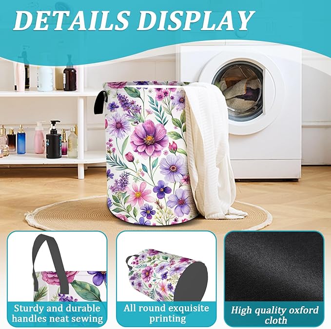 Purple Watercolor Floral Laundry Basket, Foldable Waterproof Oxford Cloth Laundry Hamper Funny Tote Bag Dirty Clothes Storage Bucket Toy Organizer for Bathroom/Laundry/Bedroom 15.7"x19.6"
