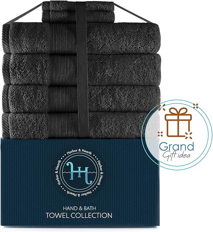 Hearth & Harbor Bath Towels for Bathroom - 100% Ring Spun Cotton Luxury Bathroom Towels - Ultra Soft & Highly Absorbent, Bath Towels Set of 6 - Black