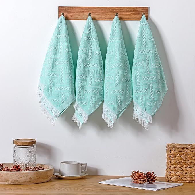 4 Pack Boho Bathroom Hand Towel 14 x 30 Inch 100% Turkish Cotton Decorative Boho Kitchen Hand Towel Farmhouse Bathroom Decor Set Absorbent Soft Guest Tea Gift (Aqua,White)