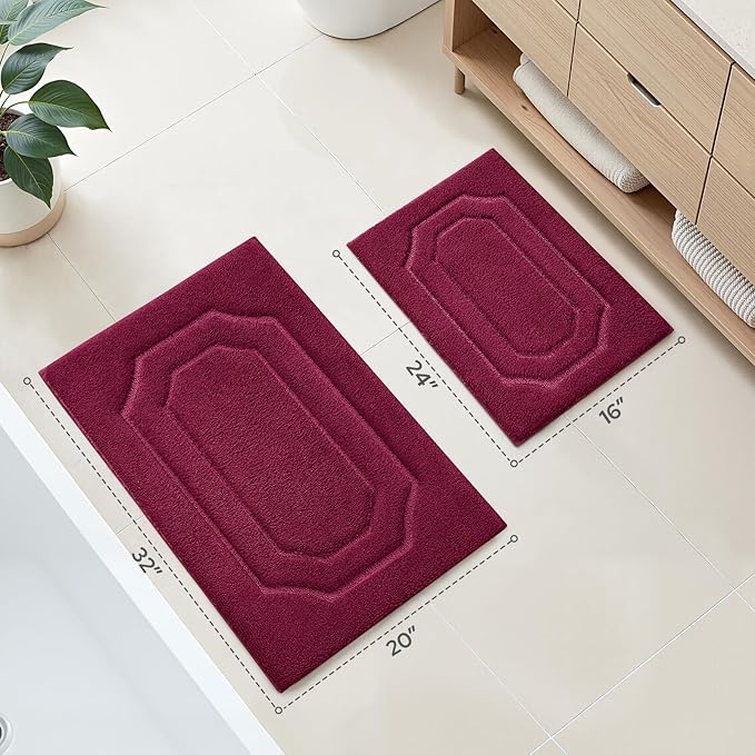 HOMEIDEAS Bathroom Rugs Sets 2 Piece, Extra Soft and Absorbent Microfiber Plush Bath Mat with Non Slip Backing(Burgundy Red)