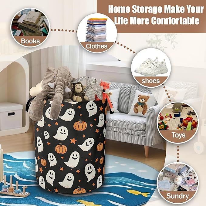 Laundry Hamper,Halloween Pumpkins Ghosts Collapsible Laundry Baskets Waterproof Oxford Cloth With Handles,Clothes Storage Bucket Toy Organizer For Bathroom/Nursery/Bedroom 16" x 20.8"