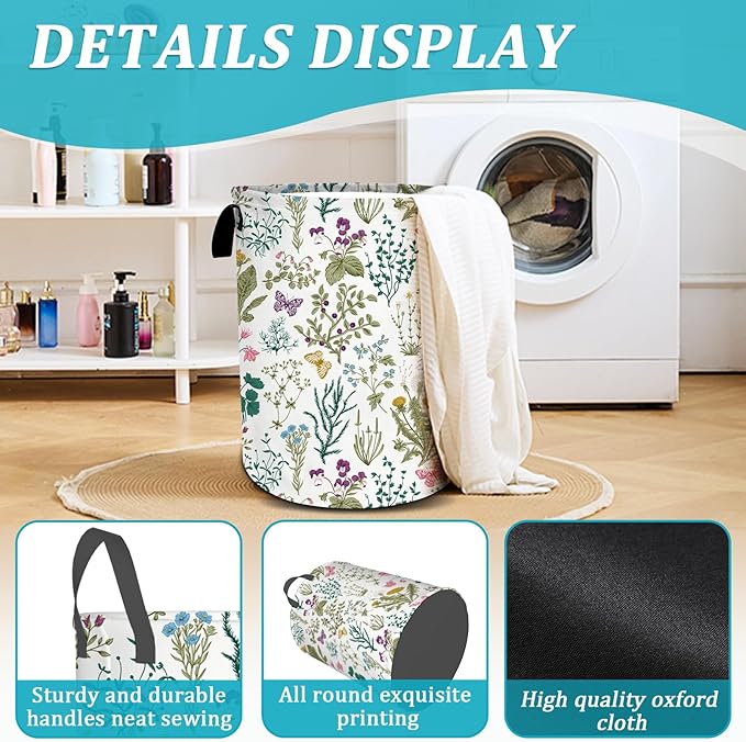 Vintage Floral Laundry Basket, Plants Herbs Flower Laundry Hamper Foldable Waterproof Funny Tote Bag Dirty Clothes Storage Bucket Toy Organizer for Bathroom/Laundry/Bedroom 15.7"x19.6"