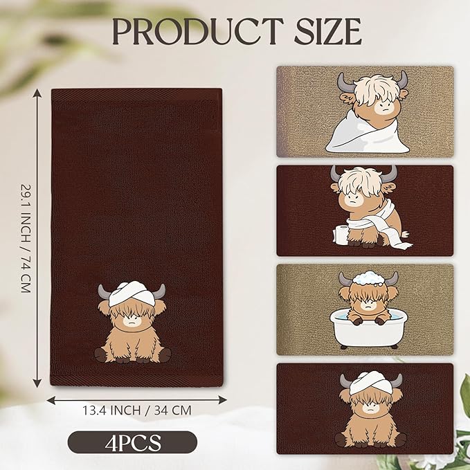 4 Pcs Highland Cow Hand Towels Cattle Embroidered Towel - 29" x 13.3" Soft Cotton Bathroom Towel Set Western Bath Towels Farmhouse Bathroom Decor Highland Cow Kitchen Decor Cute Housewarming Gift