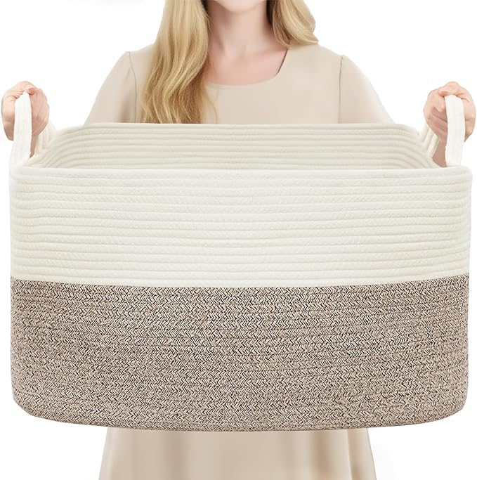 YOUDENOVA Nursery Storage Basket，21.6''×14.9''×11.8'' Rectangle Cotton Rope Blanket Basket, Nursery Laundry Hamper for Organizing，Toy Basket for Living Room, Bedroom