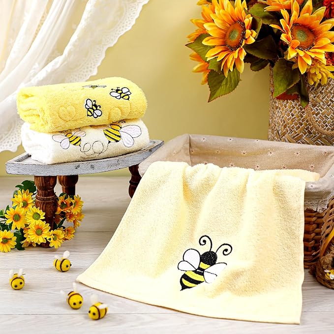 3 Pack Bee Towels 13.4 x 29.2 Inch Cotton Embroidered Summer Cute Bee Bathroom Towel Absorbent Dish Tea Towels for Kitchen Decor