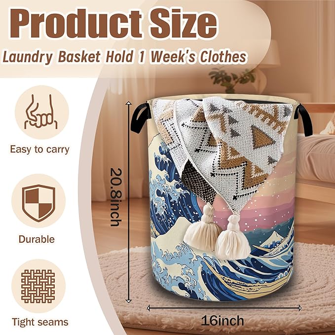 Japanese Ocean Waves Laundry Basket,Waterproof Foldable Laundry Hamper,Dirty Clothes Basket, Linen Bin Storage Organizer Collection 16" x 20.8"