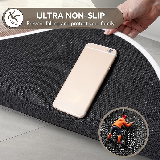 Half Circle Bath Mat, Non Slip Bath Mat, Thin Bathroom Rugs Fit Under Door Quick Dry Absorbent Washable Bathroom Mat with Rubber Backing, Brown Beige 16x24