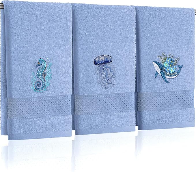 3 Pack Ocean Hand Towels for Bathroom 100% Cotton Embroidered Seahorse Jellyfish and Floral Whale Soft Absorbent Bathroom Towels Sea Coastal Hand Towel Gift for Summer Holiday, 13.78 x 29.53