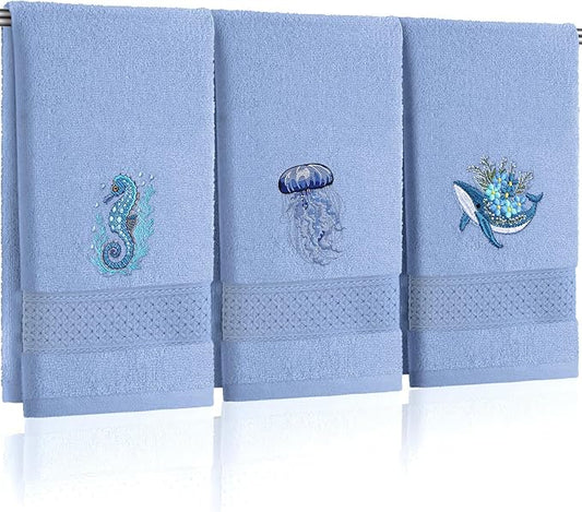 3 Pack Ocean Hand Towels for Bathroom 100% Cotton Embroidered Seahorse Jellyfish and Floral Whale Soft Absorbent Bathroom Towels Sea Coastal Hand Towel Gift for Summer Holiday, 13.78 x 29.53