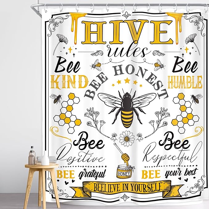 Homewelle Black Yellow Bee Words Shower Curtain Inspirational Quotes Motivationa Rustic Retro Floral Flower Plant Honeycomb 60Wx72H Inch Aesthetic Vintage Waterproof Polyester Fabric Bathroom Bathtub