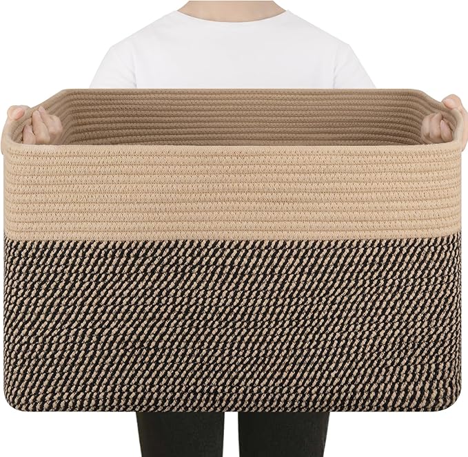 75L Large Blanket Basket, Toy Basket Bin for Kids, Cotton Rope Woven Storage Basket for Living Room, Bedroom, Nursery, Baby Room Decorative Organizer, 22''×17''×12'', Brown & Black