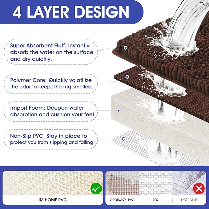 ACCUMTEK Extra Long Striped Brown Bathroom Rug Mat 70"x24" Ultra Soft, Non Slip Chenille Bath Rugs, Absorbent Plush Shaggy Bath Mats for Bathroom, Bedroom, Kitchen, Shower, Tub