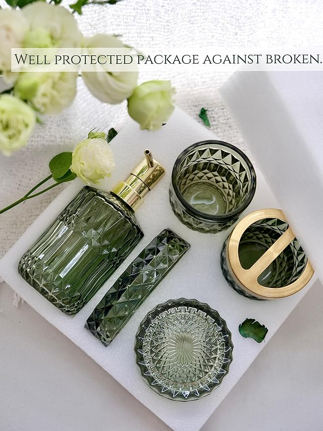 Green Bathroom Accessories Set, 5Pcs Clear Glass Bathroom Set Accessories, Soap Dispenser, Soap Dish, Toothbrush Holder Set, Tumbler, Qtips Holder for Vintage Crystal Bath Decor