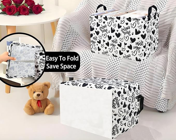 Large Valentine's Day Basket Heart Shaped Storage Bin for Gifts Collapsible Organizer Room Decor (Black Hollow Entity Love)