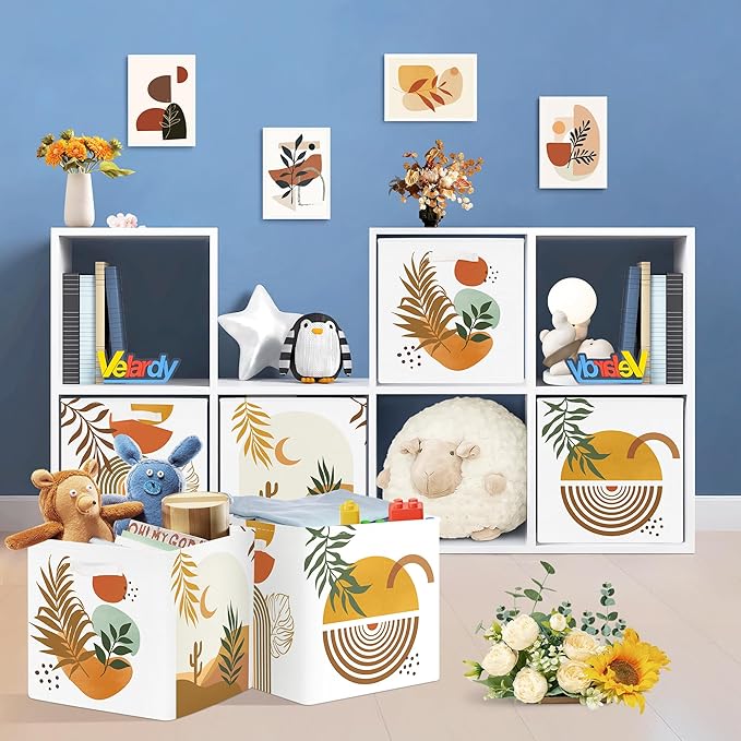 11.8" Boho Leaves Storage Cube Organizer Mid Century Modern Clothes Storage Basket Bin for Closet Shelf Art Abstract Geometry Nursery Kid Room Book Toy Chest, 3Pcs