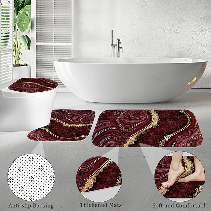4PCS Burgundy Red Marble Shower Curtain Sets with Rugs, Abstract Bathroom Sets with Shower Curtain and Rugs, Gold Bathroom Curtains Shower Set with Toilet Lid Cover Accessories