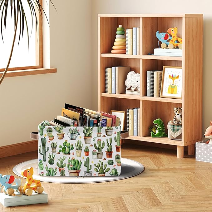 Cactus Large Collapsible Storage Baskets for Organizing Shelves with Handles, Decorative Storage Cube Bin for Organizing Clothes Toy Nursery