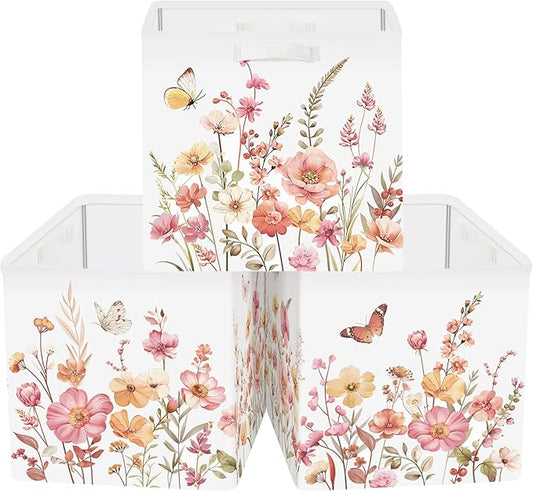 11.8" Wild Flower Storage Cube Organizer Set 3Pcs Clothes Storage Basket Bin for Closet Shelf Garden Butterfly Nursery Kid Room Book Toy Chest, Wildplants