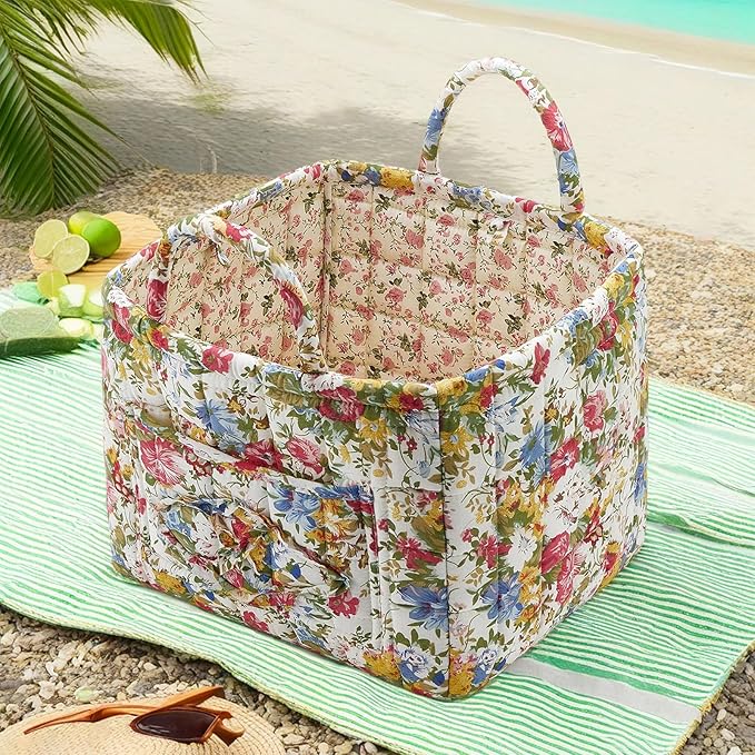 Boho Fabric Storage Basket, Large Capacity Laundry Basket, 12.2'' x 10.23'' x 10.23'' Collapsible Laundry Hamper with Easy Carry Handles (Flower, L)