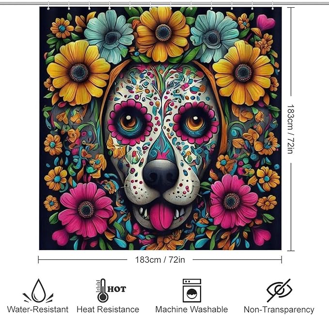 4 Pc Day Dead Dog Sugar Skull Flower Art Shower Curtains + Tub Shower Bath Rug Set, Water Repellent Spa Curtain Absorbent Shaggy Rugs