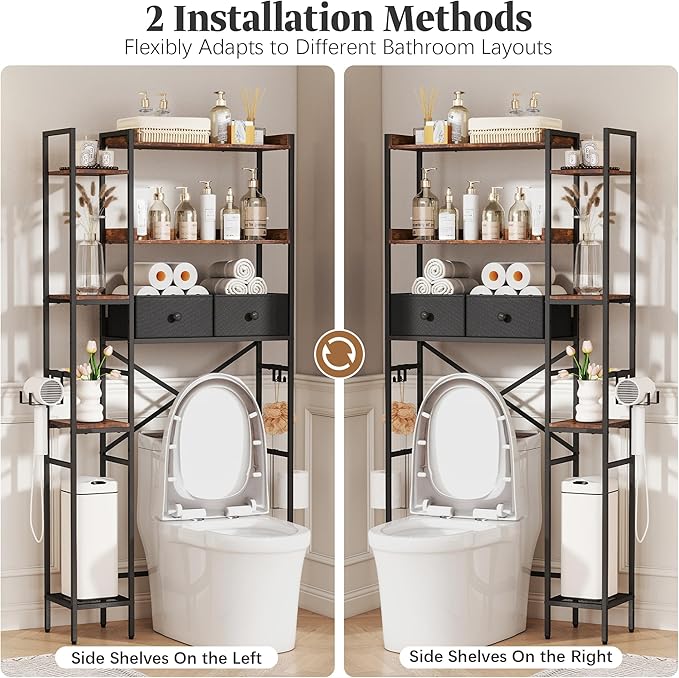 Over The Toilet Storage Shelf with Drawer, 7-Tier Above Toilet Bathroom Organizer with 4 Adjustable Side Shelves, Space Saver Freestanding Rack with Holder & Hook for Laundry Kitchen (Brown)