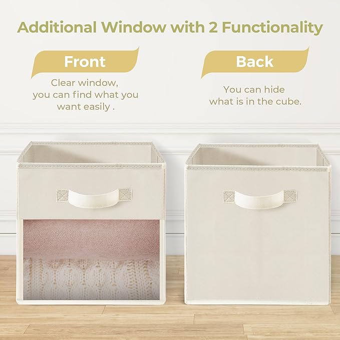 Storage Bins with Clear Window, 11x11 Storage Cubes, Collapsible Cube Storage Box, Fabric Closet Organizers with Handles for Home, Office, Shelf, Closets, Living Room, Beige, 12 Pack