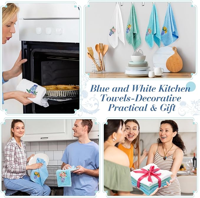 4pcs Chinoiserie Vase Kitchen Towels 29" X 13" Blue and White Floral Porcelain Tea Towel Cotton Embroidered Bathroom Decorative Absorbent Dishcloths Hostess Housewarming Gift