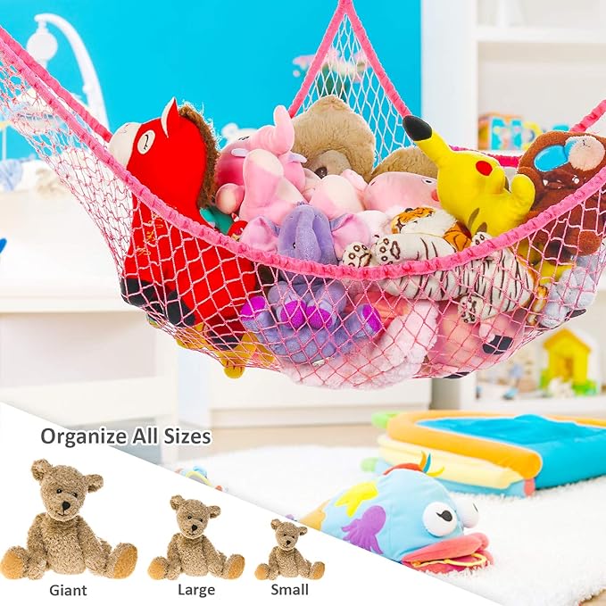 Toy Hammock, Stuffed Animals Hammock, Jumbo Toy Storage Net 83" Wall Sling Corner Extra Large Kids Children Mesh Toy Net Organizer (Pink, 83 Inch)