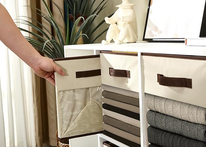 DECOMOMO Storage Cubes, 13 inch Cube Storage Bins with Window, Fabric Organizer Bins (13" / 6pcs, Beige)
