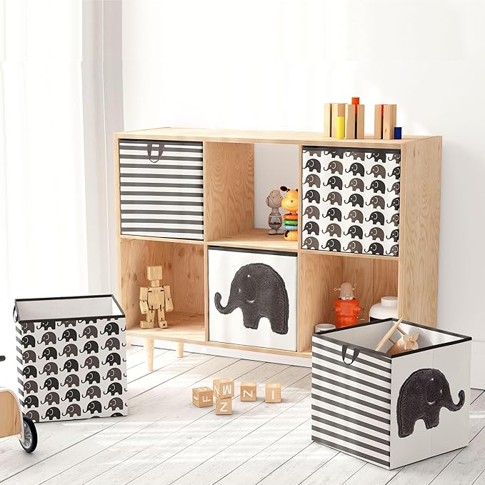 Bacati - Large Storage Tote Elephants White/Grey 14 x 14 x 10 inches