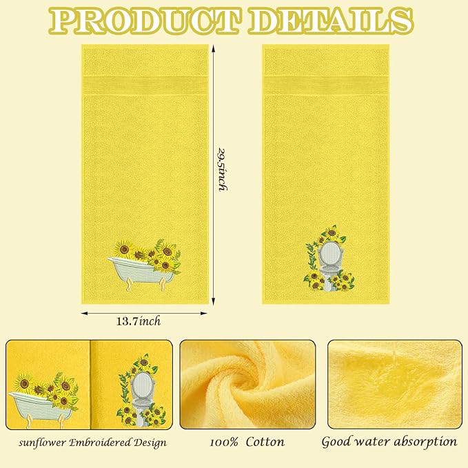 2pcs Yellow Sunflower Hand Towels for Bathroom Decorative Towels Set 100% Cotton cute Embroidered Spring summer floral bath towels dish kitchen towels Farmhouse Bathroom Decor Gift(Yellow Sunflower)