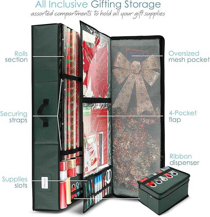 Hearth & Harbor Wrapping Paper Storage Container with Ribbon Storage Organizer - Christmas Storage Bag with Extra Interior Pockets - Gift Wrapping Organizer Storage Fits Up to 26 Rolls of 40" Length