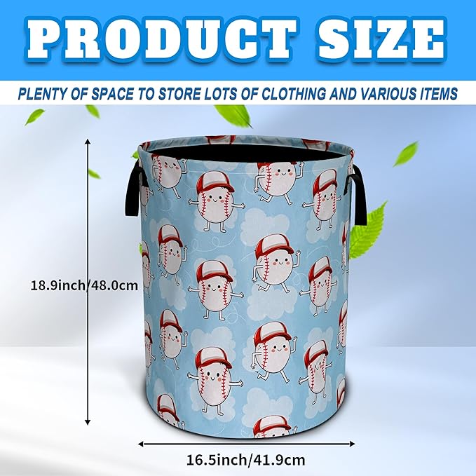 Cute Baseball Laundry Basket Oxford Cloth Funny Ball Cartoon Laundry Hamper With Handle Foldable Portable Clothes Storage Basket 18.9 X 16.5 In Storage Bag For Laundry Room/Bathroom/Bedroom