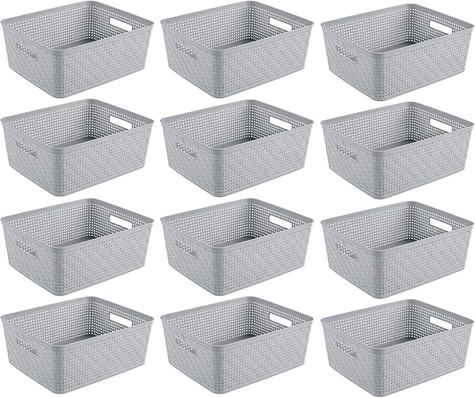 Sterilite 12 Pack Plastic Storage Bin Organization Containers, Short Baskets, Cement