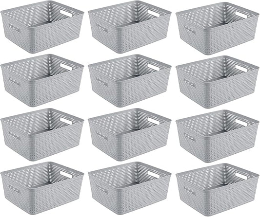Sterilite 12 Pack Plastic Storage Bin Organization Containers, Short Baskets, Cement