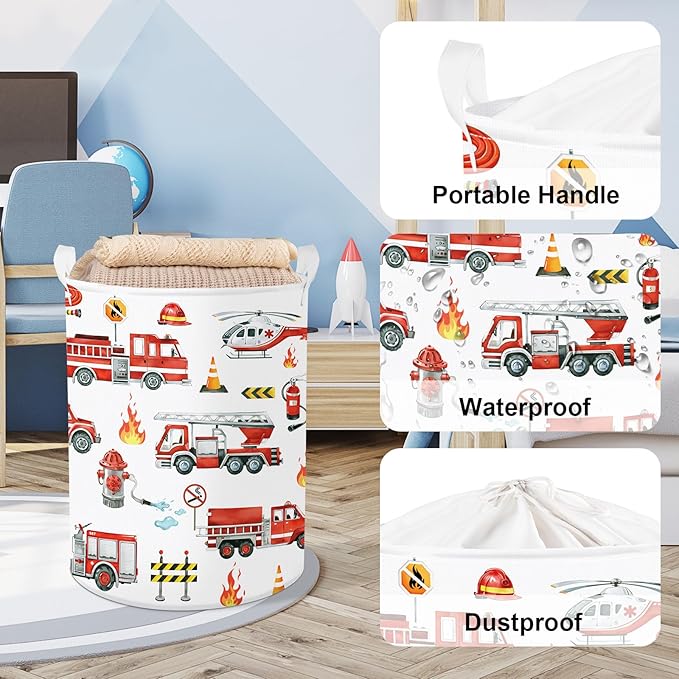 Clastyle Large Red Fire Engine Kid Laundry Hamper for Boy Collapsible Dog Clothes Toy Storage Basket with Lid for Nursery
