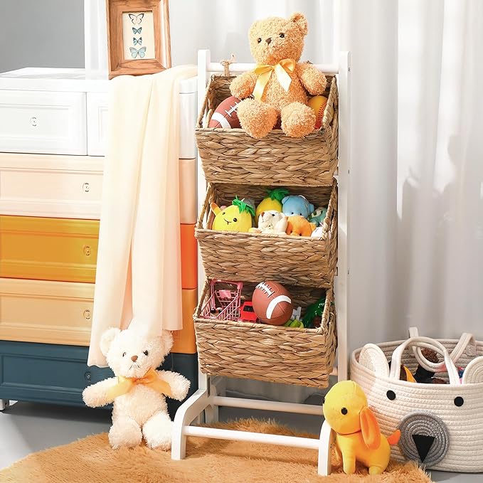 Menkxi Wicker 3 Tier Foldable Storage Basket Floor Rack with Market Storage Basket Water Hyacinth Storage Rack Hand Woven Laundry Rack for Bathroom Kitchen Laundry Room Living Room Storage(White)