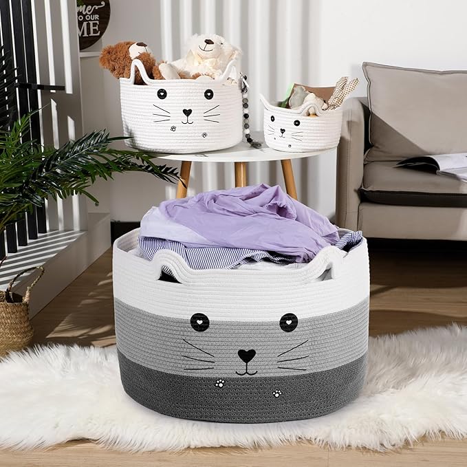 Zopeal Cat Basket Storage Woven Organizer with Ears Christmas Decorative Pet Toy Cute Cotton Rope Basket for Gift Cat Dog Toy Bin Nursery Room(21.7 x 13.8 Inch,White, Light Gray and Gray)