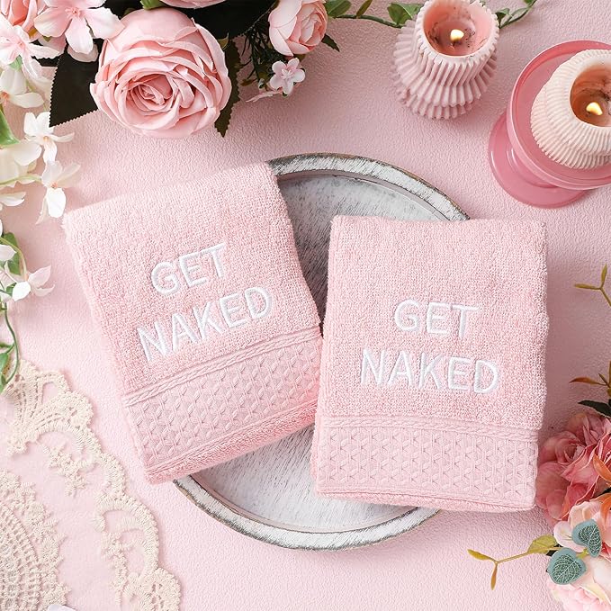 2 Pcs Get Naked Hand Towels 100% Cotton Embroidered Bathroom Pink Towel Modern Decorative Housewarming Gifts, Funny Bathroom Decor 29 x 13 Inch