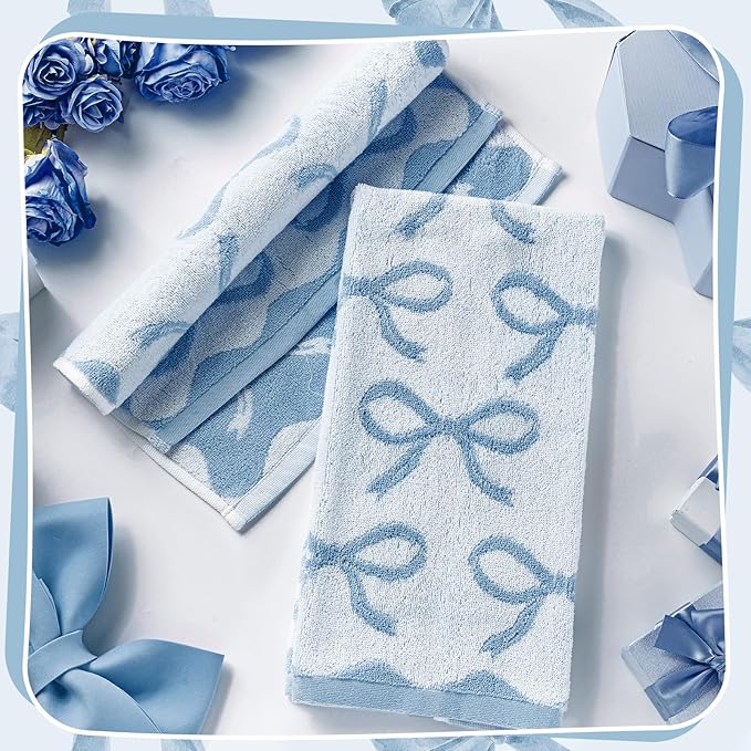 4 Pcs Blue Bow Hand Towels for Bathroom 13 x 29'' Soft 100% Cotton Coquette Face Towel Valentine's Day Kitchen Decor Absorbent Preppy Bathroom Decor Bridal Shower Wedding Gift