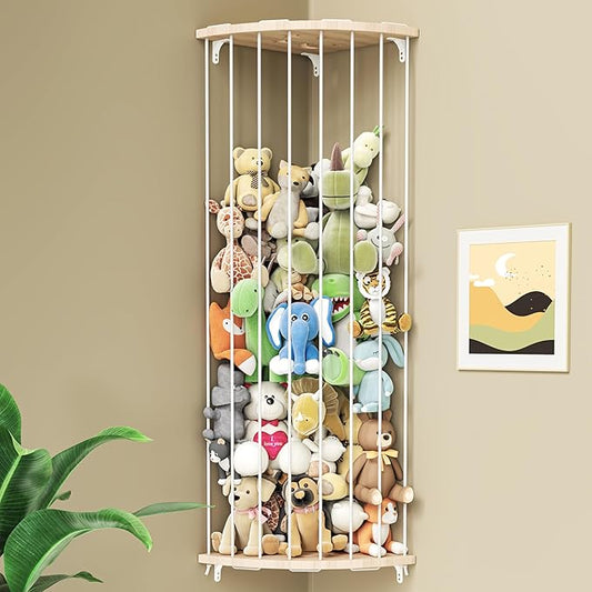 Corner Stuffed Animal Storage Zoo – Adjustable Natural Solid Wood Toy Organizer & Teddy Bear Holder – Large Wall Plushie Cage Shelf with Reinforced Star & Moon Cutouts for Nursery Kids Room