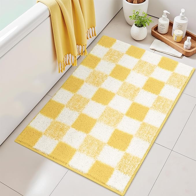 GRANNY SAYS Checkered Yellow Bathroom Rugs, 36" x 24", Non-Slip Bath Mats for Bathroom, Plush Shag Absorbent Microfiber Ultra Soft Bath Mat, Cute Washable Rug for Tub, Shower, Bedroom