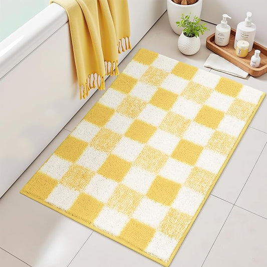 GRANNY SAYS Checkered Yellow Bathroom Rugs, 36" x 24", Non-Slip Bath Mats for Bathroom, Plush Shag Absorbent Microfiber Ultra Soft Bath Mat, Cute Washable Rug for Tub, Shower, Bedroom